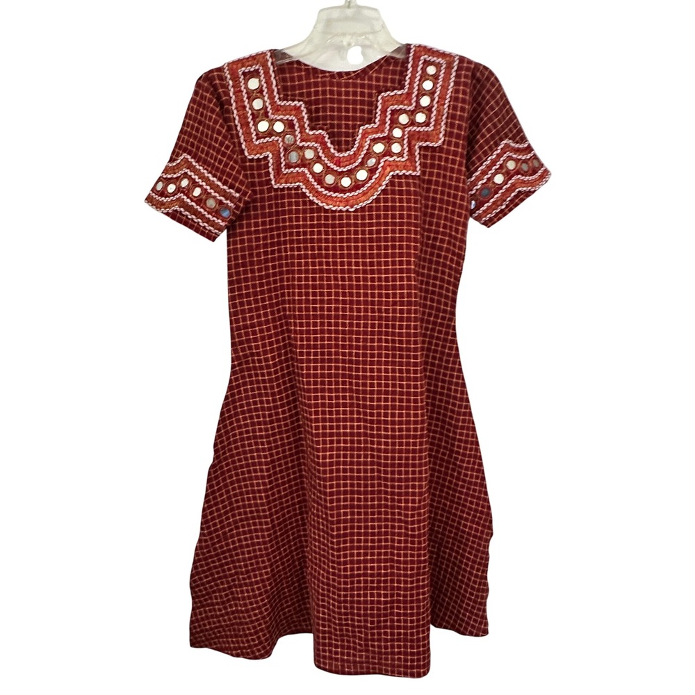 Vintage Boho Mirror Shisha Dress Red Cotton Folk Embroidered Shift Hippie 70s M
